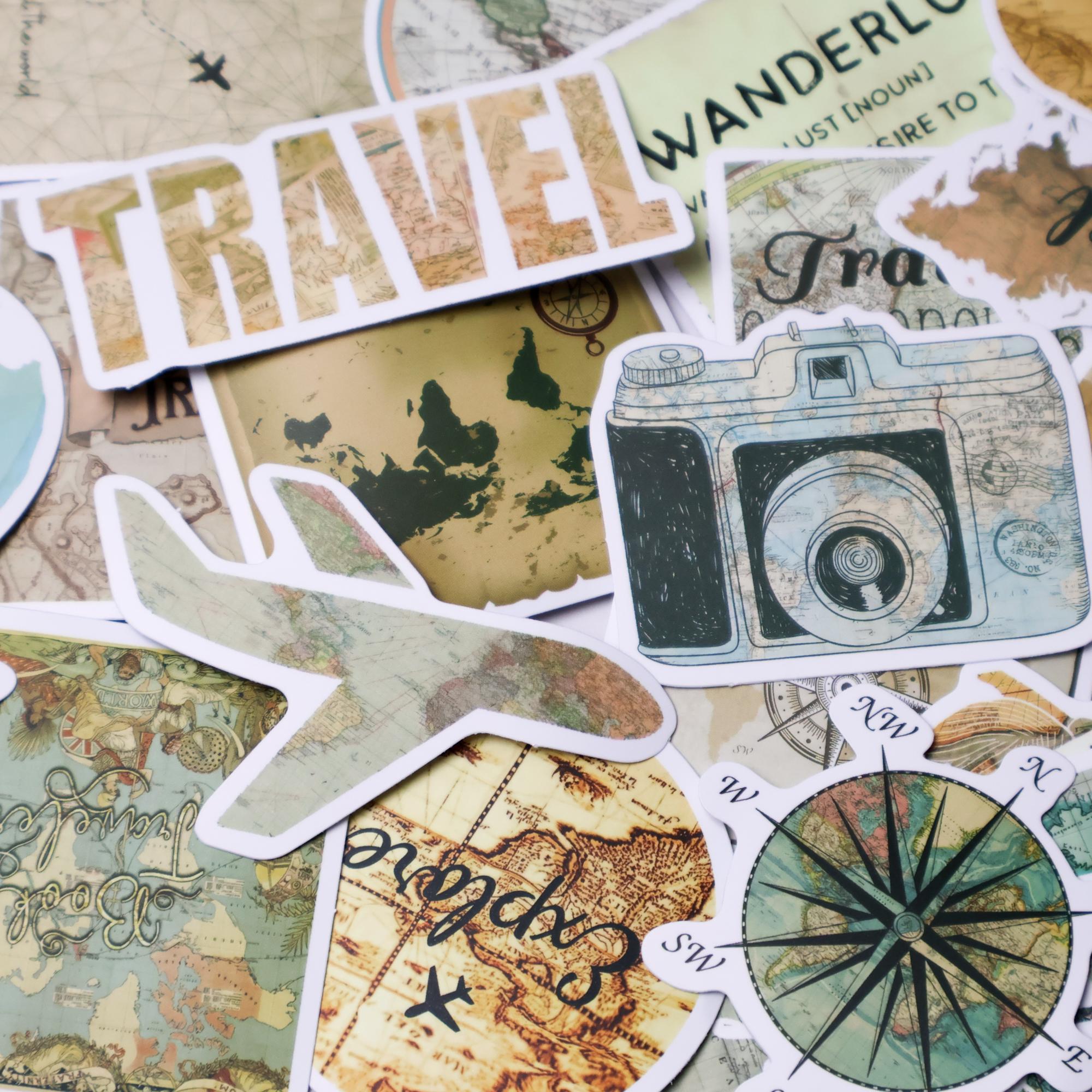 50PCS Travel Map Stickers, Vintage Compass Globe Camera Decals ...