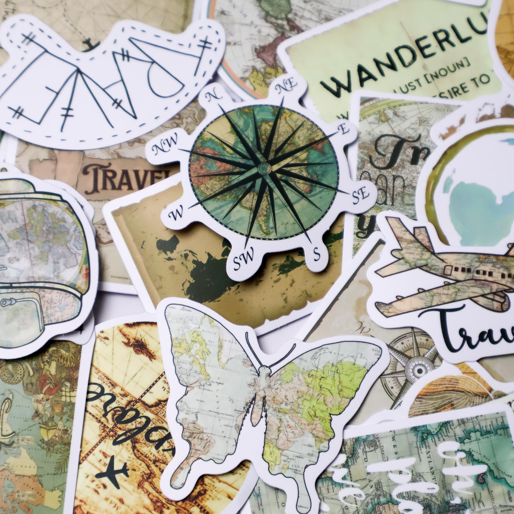 50PCS Travel Map Stickers, Vintage Compass Globe Camera Decals ...