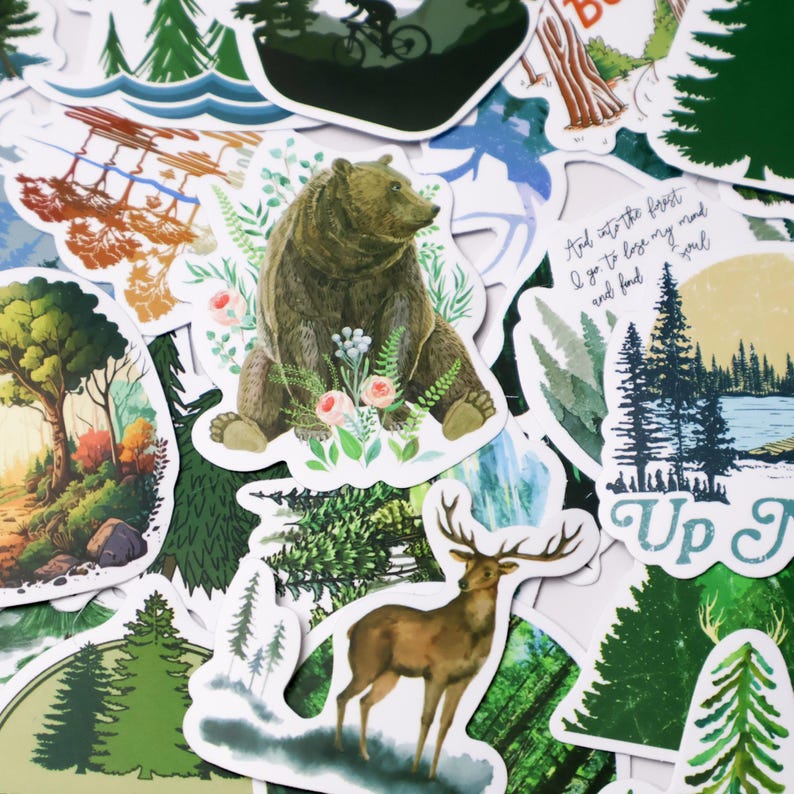 50PCS Forest Stickers, Green Nature Tree Deer Bear Decals, Wilderness ...