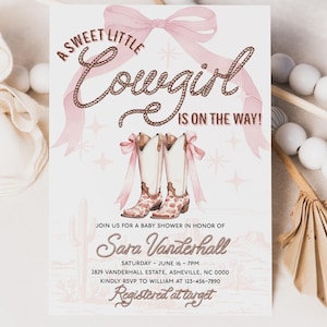 Cowgirl Baby Shower Invitation, Pink Cowgirl Baby Shower Invite, Cow Print, Western Baby Shower, Pink Bow Boots, Editable Template,  PCW
