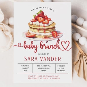 Pancake Baby Brunch Invitation: Strawberry Baby Shower Invite (Editable Template)