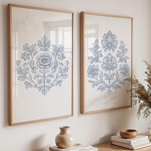 Blue Floral Toile Print Set: Vintage Chinoiserie Wall Art (Digital Download)