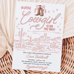 Cowgirl Baby Shower Invitation Template, Little Cowgirl Baby Shower Invitation, Pink Coquette Bow, Pink Cowgirl Boots, Rodeo Western, PCW