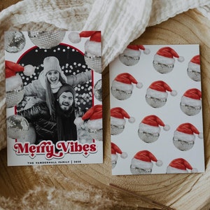 Merry Vibes Photo Christmas Card Christmas Photo Card Template Disco Ball Photo Holiday Card Retro Christmas Printable Download Double Sided
