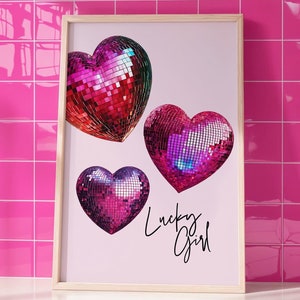 Disco Ball Heart Wall Art, Disco Heart Art Print, Lucky Girl, Valentines Day Wall Art, Preppy Dorm Room, Instant Download, VAL