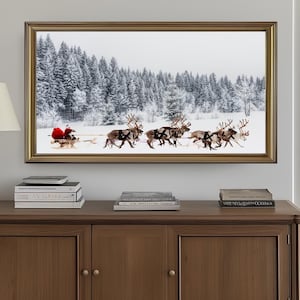 Santas Reindeers Christmas Wall Art Print Santa sleigh and reindeer Christmas Decor Holiday Decor Snow Pine Trees Reindeers Digital CA_R01