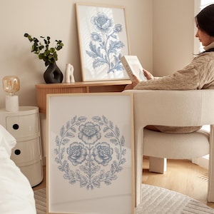 Blue Floral Toile Prints: Vintage Botanical Wall Art (Digital Download)