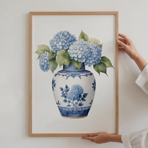 Blue Hydrangea Chinoiserie Art Print: Floral Home Decor (Digital Download)