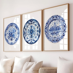 Set of 3 Chinoiserie Plate Wall Art, Blue and white chinoiserie plate, Delftware decor, Wall Plate Art, Vintage porcelain, Digital Download