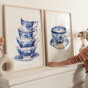 Set of 2 Chinoiserie teacups Wall Art, Teacups Art Prints, Kitchen Decor, Blue Floral Teacups, Vintage Teacups, Printable Art Download