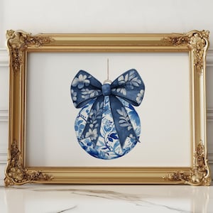 Blue Chinoiserie Christmas Ornament Print: Botanical Winter Wall Art (Digital Download)