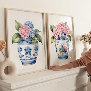 Set of 2 Hydrangea Wall Art Prints Blue Hydrangea Pink Hydrangea Floral Hydrangea Wall Art Chinoiserie Wall Art Home Decor Digital Print BL
