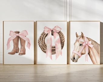 Set of 3 Prints Western wall art, pink bow decor, cowgirl boots rope horse art, equestrian nursery, Boho decor, Instant Download, PCW