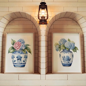 Set of 2 Hydrangea Wall Art Prints Blue Hydrangea Pink Hydrangea Floral Hydrangea Wall Art Floral Chinoiserie Home Decor Digital Print BL