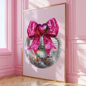 Valentines Disco Ball Wall Art, Disco Ball Art Prints, Disco Heart, Coquette Pink Bow, Preppy Dorm Room Decor, Retro Valentines Day, VAL
