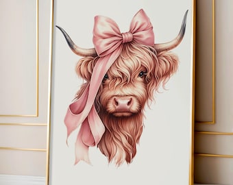 Highland cow art print pink coquette bow cow wall art Highland Cow nursery Nursery decor rustic animal Wall art Instant Download CG