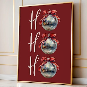 Ho Ho Ho Disco Ball Print Weihnachten Disco Dekor Retro Weihnachten Wand Dekor Urlaub Dekor Rote Schleife Disco Ball Disco Party Digital Art ROT