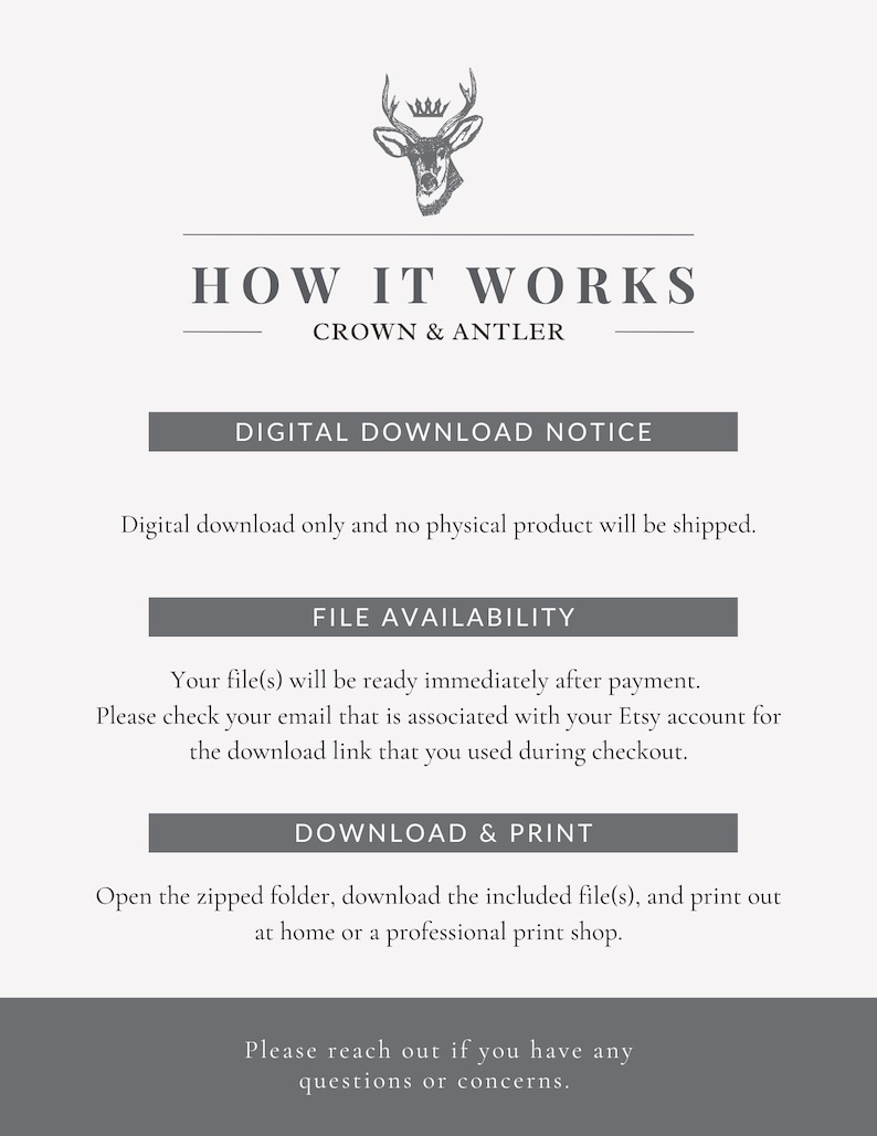 May include: A digital download notice with a gray background and black text. The text reads 'How It Works', 'Crown & Antler', 'Digital Download Notice', 'Digital download only and no physical product will be shipped.', 'File Availability', 'Your file(s) will be ready immediately after payment. Please check your email that is associated with your Etsy account for the download link that you used during checkout.', 'Download & Print', 'Open the zipped folder, download the included file(s), and print out at home or a professional print shop.', 'Please reach out if you have any questions or concerns.'