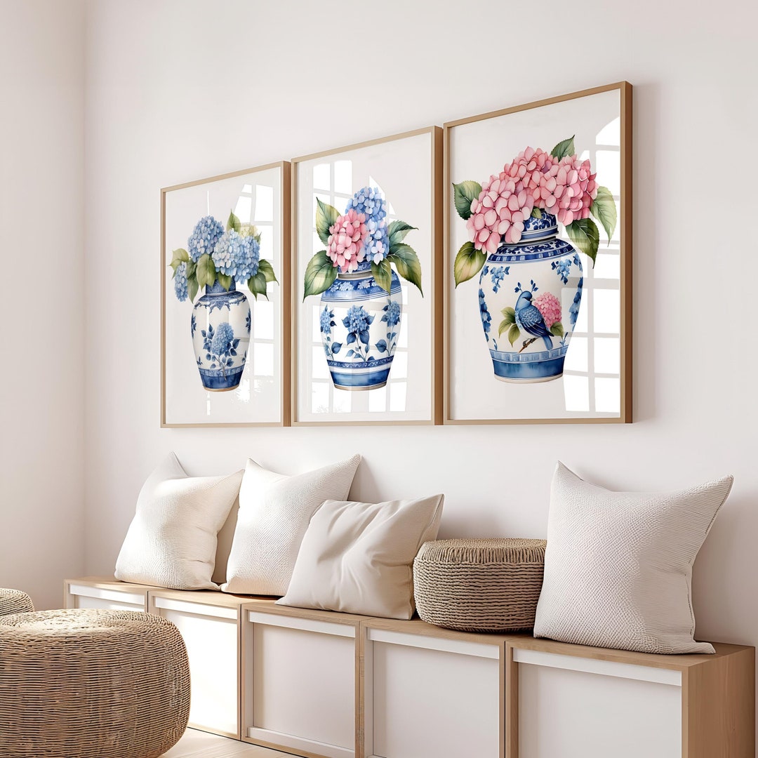 Set of 3 Blue and Pink Hydrangea Wall Art Prints Hydrangea Art Print ...