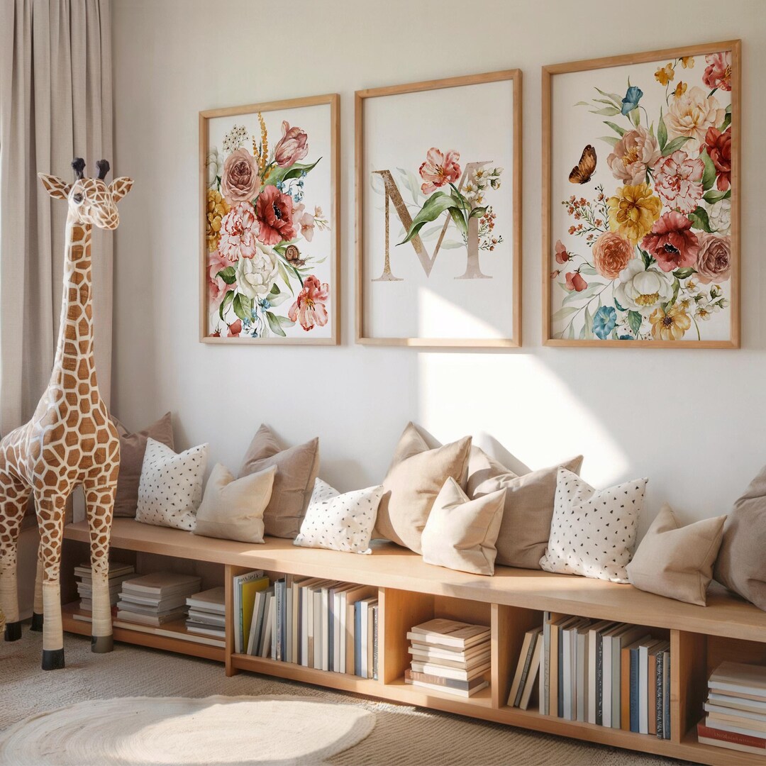 Wildflower Nursery Art Prints Set: Custom Initial Floral Decor (digital ...
