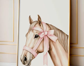Horse wall art print, pink bow horse, watercolor horse, equestrian decor, nursery wall art, Cowgirl Horse animal art, Digital Download, PCW