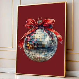 Disco Ball Santa Wand Kunst Druck Retro Weihnachten Wand Kunst Dekor Rote Schleife Weihnachtsdekor Urlaub Printable Digital Art ROT