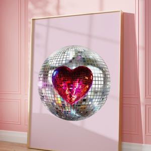 Disco Heart Wall Art, Disco Ball Art Print, Retro Valentines, Valentines Wall Art Decor, Preppy Dorm Room Decor, Instant Download, VAL