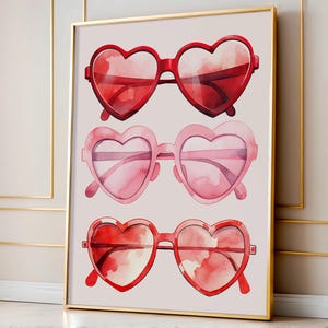 Watercolor Heart Sunglasses Print: Retro Valentine&#39;s Decor (Digital Download)
