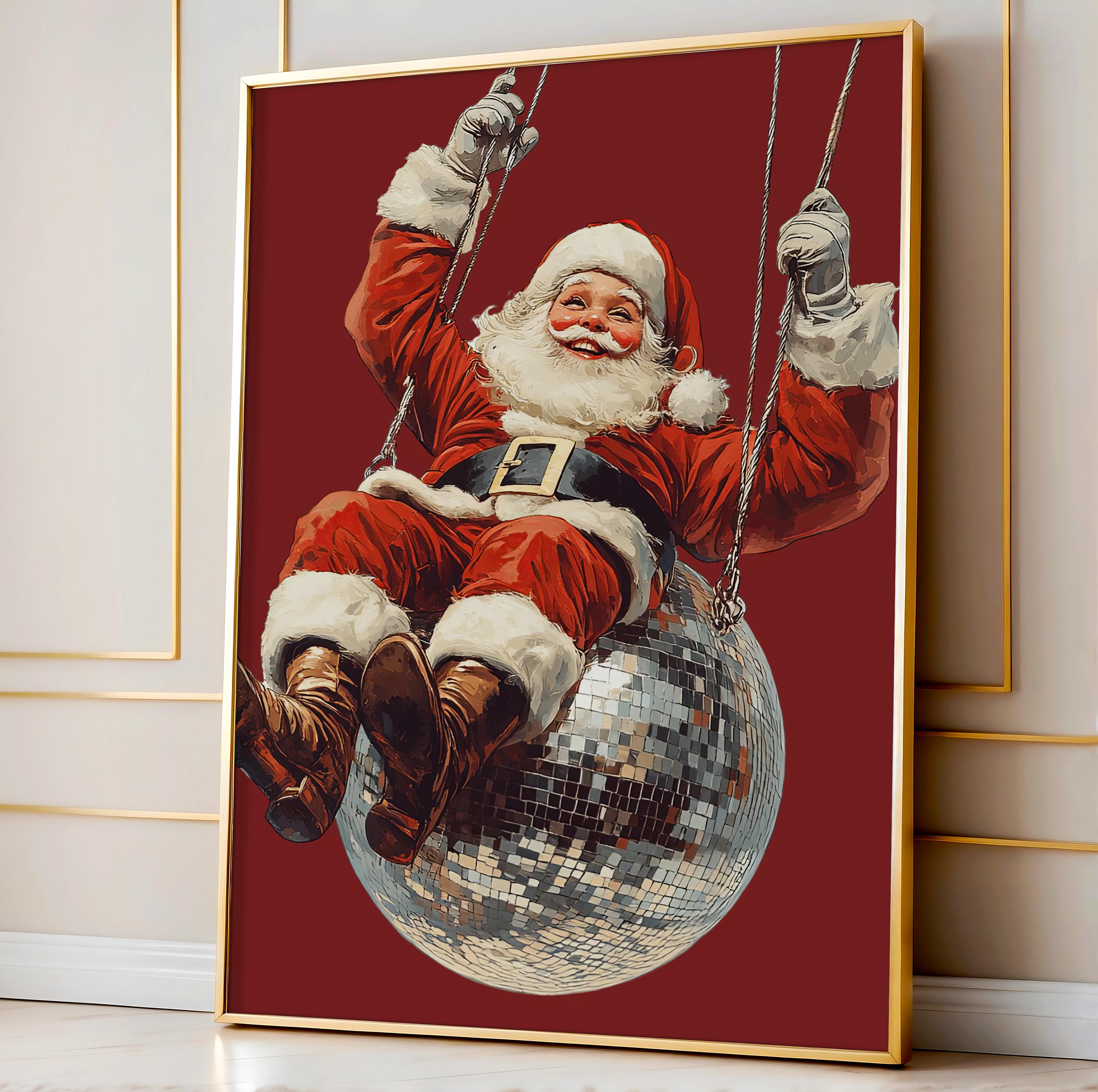 レトロなサンタのディスコボールクリスマスアートプリント(デジタル レトロなサンタのディスコボールクリスマスアートプリント(デジタル