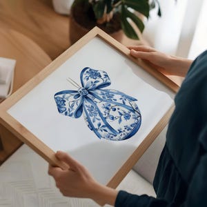 Blue Chinoiserie Christmas Ornament Print: Botanical Holiday Decor (Digital Download)