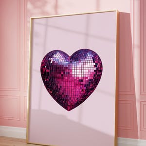 Pink Disco Heart Wall Art, Disco Ball Heart, Retro wall decor, Valentine&#39;s Day Art Print, Preppy Dorm Room Decor, Instant Download, VAL