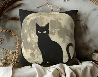 Black Cat Moon Pillow | Halloween Silhouette Gothic Decor