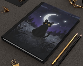 Black Cat Moon Journal | Hardcover Notebook, Night Sky Illustration