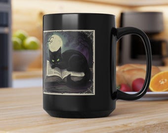 Black Cat on Open Book Mug | Moonlit Gothic Witchy Cat Coffee Cup
