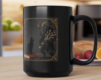 Krampus en zwarte kat illustratiemok | Zwarte keramische koffiekop