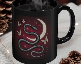 Snake Moon Wiccan Witchy Mug | Black Ceramic Goth Cup