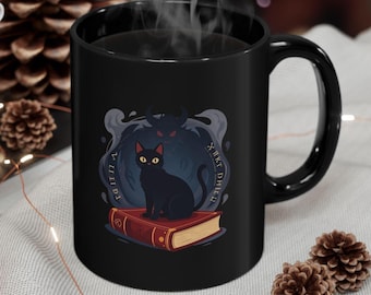 Black Cat on Spellbook Mug | Witchy Magic Coffee Cup