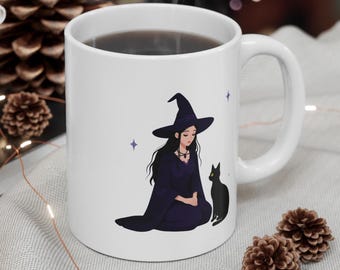 Czarownica i Czarny Kot 11 uncji ceramiczny kubek na kawę z motywem czarownicy na Halloween