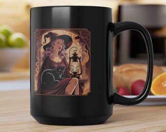 Mug occulte sorcière chat noir | Tasse noire 11 oz 15 oz