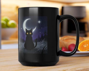 Black Cat Crescent Moon Mug | Black Ceramic Coffee Cup