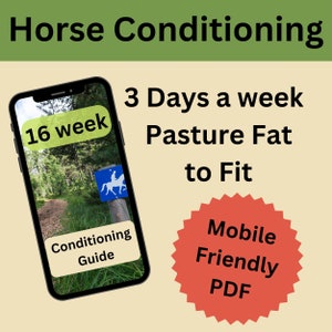 以下が含まれることがあります： スマートフォンには「馬のコンディショニング」ガイドが表示されています。画面には、馬の標識が付いた小道が表示され、「16週間」と「コンディショニングガイド」と表示されています。テキストは「週3日、牧草地の脂肪をフィットさせる」と書かれています。赤いバーストは「モバイルフレンドリーPDF」と表示されています。
