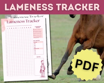 Peut inclure: Un document PDF imprimable intitulé "Lameness Tracker" avec une grille pour suivre la boiterie chez les chevaux. Le document comprend une échelle de boiterie, des notes vétérinaires et une section pour des notes générales. Un cheval brun est montré en train de courir en arrière-plan.
