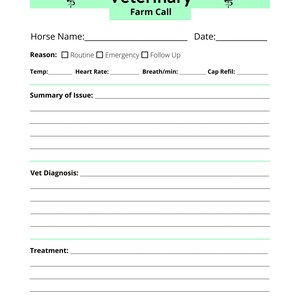 May include: A veterinary farm call form with fields for horse name, date, reason for visit, temperature, heart rate, breaths per minute, capillary refill, summary of issue, veterinary diagnosis, and treatment.