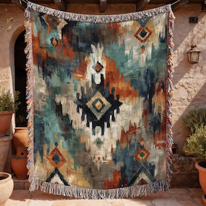 Op de afbeelding: Een geweven sprei met een kleurrijk abstract ontwerp. De sprei heeft een patroon van turquoise, oranje en marineblauwe penseelstreken met geometrische ruitvormen. De randen zijn afgewerkt met een franje in verschillende kleuren. De sprei wordt buiten getoond.