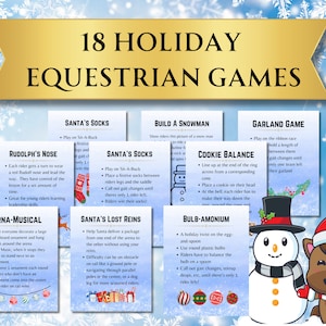 K&ouml;nnte beinhalten: Festliche Grafik f&uuml;r "18 Holiday Equestrian Games". Das Bild enth&auml;lt Spielbeschreibungen und Illustrationen, wie einen Schneemann, ein Pferd und Weihnachtsschmuck. Die Spiele sind f&uuml;r junge Reiter konzipiert.
