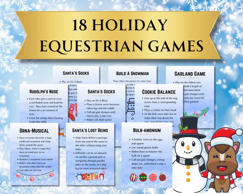 K&ouml;nnte beinhalten: Festliche Grafik f&uuml;r "18 Holiday Equestrian Games". Das Bild enth&auml;lt Spielbeschreibungen und Illustrationen, wie einen Schneemann, ein Pferd und Weihnachtsschmuck. Die Spiele sind f&uuml;r junge Reiter konzipiert.