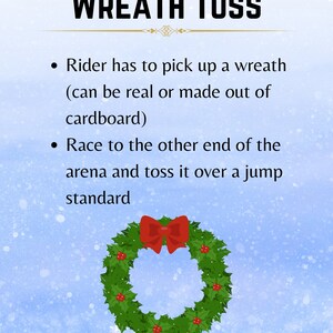 K&ouml;nnte beinhalten: Ein Bild mit dem Text "WREATH TOSS" und Spielanweisungen. Das Spiel beinhaltet das Aufheben eines Kranzes und das Werfen &uuml;ber einen Sprungstandard. Ein gr&uuml;ner Kranz mit roten Beeren und einer roten Schleife befindet sich unten im Bild.