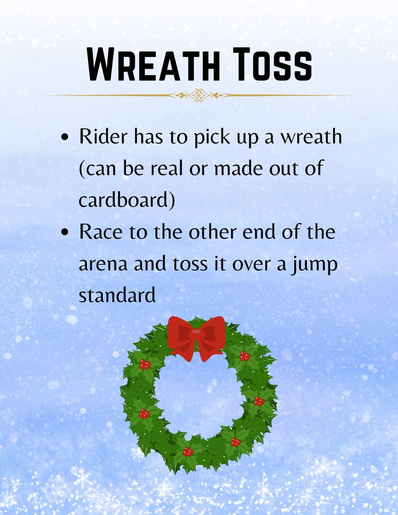 K&ouml;nnte beinhalten: Ein Bild mit dem Text "WREATH TOSS" und Spielanweisungen. Das Spiel beinhaltet das Aufheben eines Kranzes und das Werfen &uuml;ber einen Sprungstandard. Ein gr&uuml;ner Kranz mit roten Beeren und einer roten Schleife befindet sich unten im Bild.