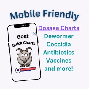 以下が含まれることがあります： ヤギをテーマにした「Goat Quick Charts」というアプリが表示された携帯電話の画面。このアプリは、駆虫剤、コクシジウム症、抗生物質、ワクチンなどの投薬量チャートを提供しています。