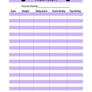 May include: A printable nutrition tracker for horses with a purple header and apple icon. The tracker includes columns for date, weight, body score, grain in pounds per day, and hay in pounds per day.